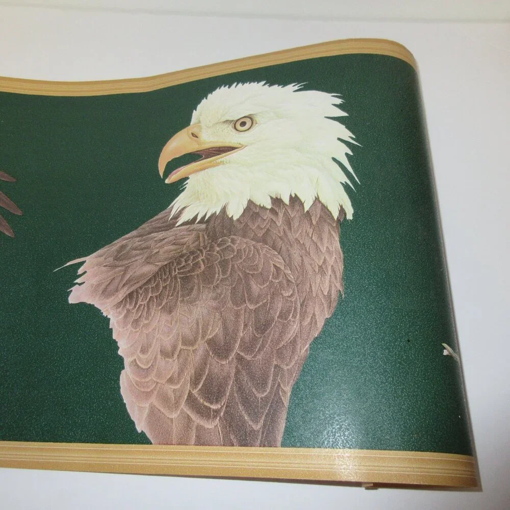 Genuine Flying Eagle on Branch Wallpaper Border Vintage Green Brown&White
